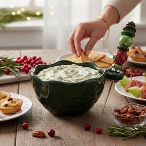 GANZ Bella Casa Green Festive Ceramic Bowl with SS Spreader EUC